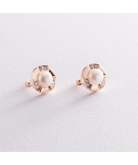 Gold earrings (pearls, cubic zirconia) s07360 Onyx