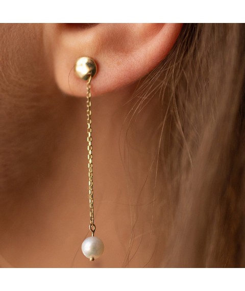 Earrings - studs "Pearl on a chain" in yellow gold s08293 Onyx