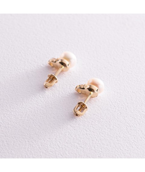 Earrings - studs with pearls and cubic zirconia (yellow gold) s08033 Onyx