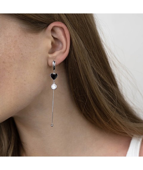 Silver earrings "Hearts" (enamel, cubic zirconia) 122789 Onyx