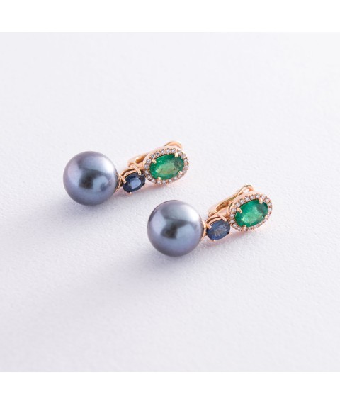 Gold earrings (pearl, emerald, diamond) sb0489di Onyx