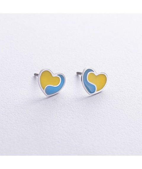 Серьги - пусеты "Украинское сердце" в серебре (голубая и желтая эмаль) 1018 Онікс