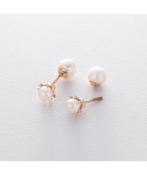 Gold stud earrings (cubic zirconia, cult. fresh pearls) s04116 Onyx