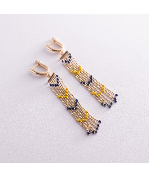 Патріотичні сережки з ланцюжками у жовтому золоті (синя та жовта емаль) с08052 Онікс