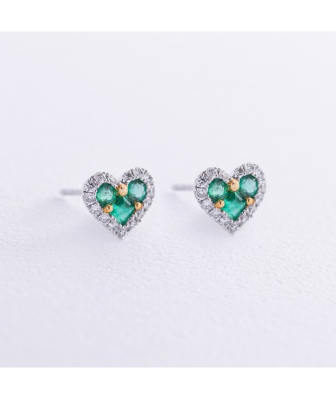 Gold earrings - studs "Hearts" with emeralds and diamonds sb0522cha Onyx