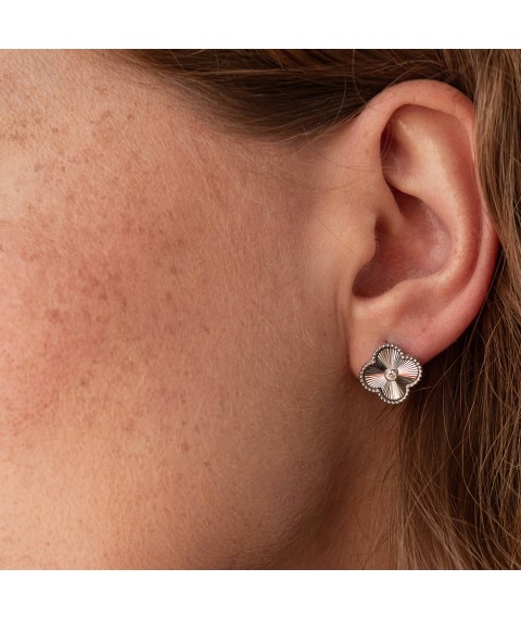 Silver earrings "Clover" with cubic zirconia 583 Onyx