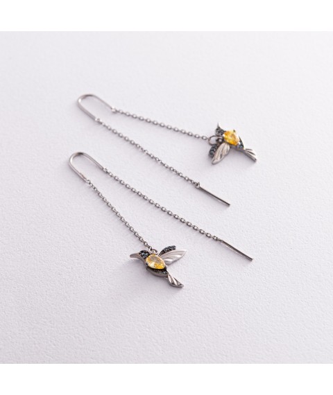 Срібні сережки - протяжки "Колібрі" (сині та жовті камені) 530 Онікс