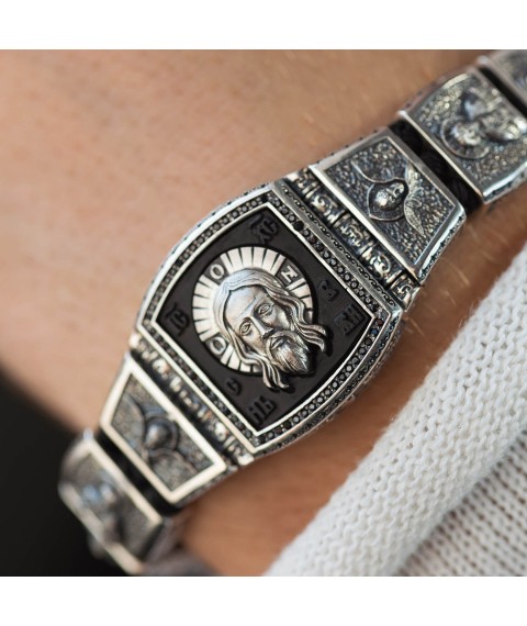 Silver bracelet "Lord Pantocrator. Faces of Saints" (ebony, cubic zirconia) 944 Onix 21.5
