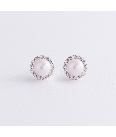 Gold earrings - studs "Linea" (pearls, cubic zirconia) s08915 Onix