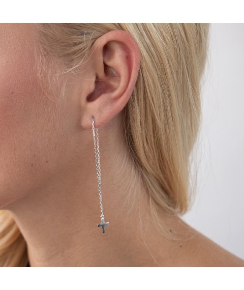 Silver earrings - broaches "Cross" 123100 Onyx