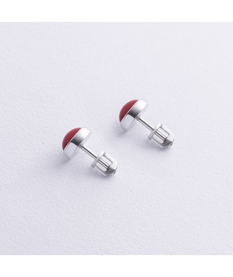 Earrings - studs with coral (white gold) s08870 Onyx