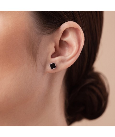 Silver earrings - studs "Clover" with onyx mini 123296 Onyx