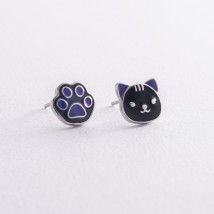 Children's earrings - studs "Cat" in silver (enamel) 444 Onyx