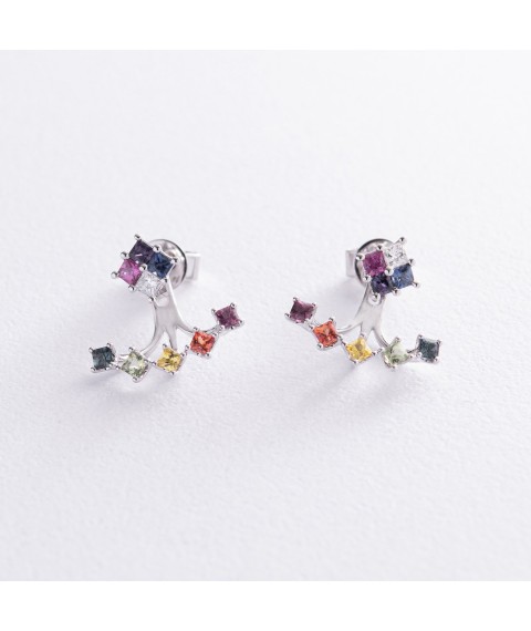 Gold earrings - 2 in 1 jackets (multi-colored sapphires, diamonds) sb0454nl Onyx