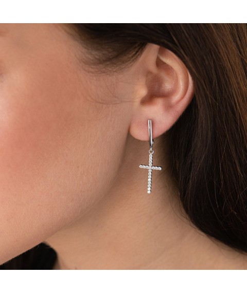 Silver earrings "Cross" with cubic zirconia 123042 Onyx