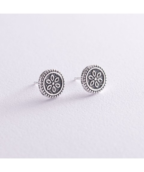 Earrings - studs "Flowers" in silver (blackened) 122771 Onyx