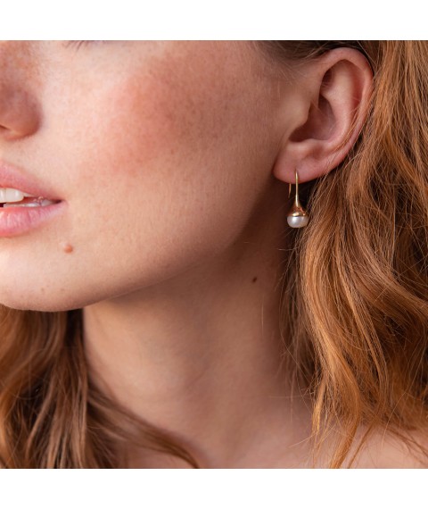 Gold earrings - loops with pearls s07865 Onyx