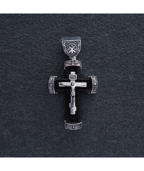 Срібний хрест "Розп'яття. Спаси і Збережи" з ебеновим деревом mini 1075 Онікс