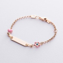 Gold children's bracelet "Flower and Heart" with enamel b02588 Onix 14.5