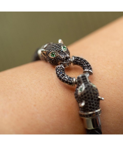 Silver bracelet "Panther" with cubic zirconia (leather) 565L Onyx 19