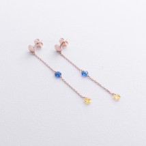 Dangling gold earrings - studs "Ukrainian" (blue and yellow cubic zirconia) s08100 Onix