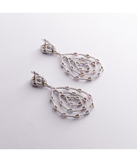 Срібні сережки "Сальма" з різнокольоровими фіанітами і турмаліном 539 Онікс