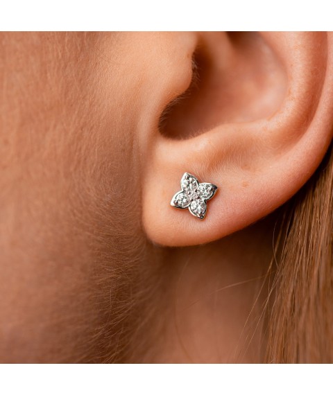 Gold earrings - studs "Clover" with diamonds sb0567sm Onyx