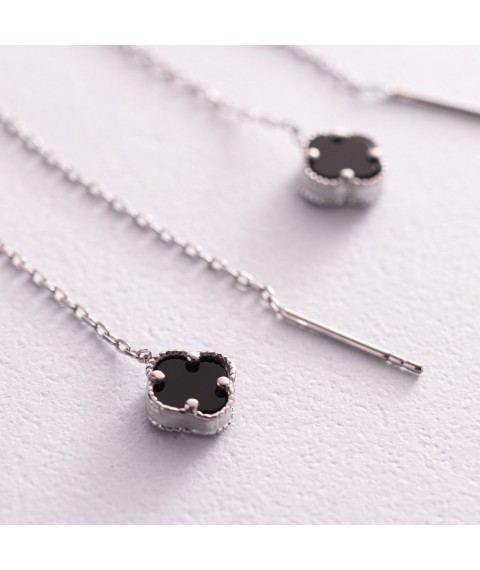 Silver earrings - broaches "Clover" with onyx 123173 Onyx