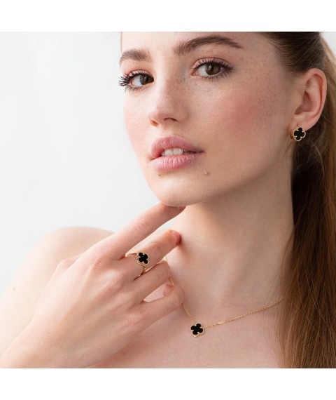 Gold earrings "Clover" with onyx s06169 Onyx