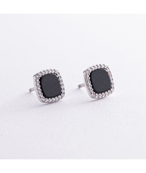 Silver earrings - studs "Squares" (cubic zirconia, synthetic onyx) OR112910 Onyx