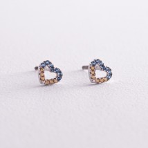 Silver earrings - studs "Hearts" (blue and yellow stones) 602 Onyx