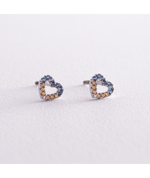 Срібні сережки - пусети "Сердечки" (блакитне та жовте каміння) 602 Онікс