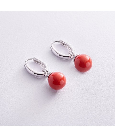 Gold earrings "Balls" with coral and diamonds sb0476ca Onyx