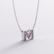 Necklace with the letter "M" in white gold (cubic zirconia) kol01329M Onix 45