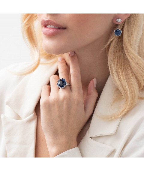 Gold earrings - Jackets "Flowers" with blue sapphires s1005 Onyx