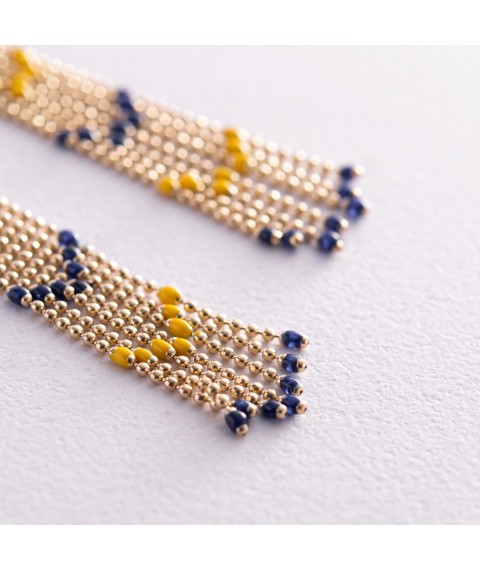 Патріотичні сережки з ланцюжками у жовтому золоті (синя та жовта емаль) с08052 Онікс