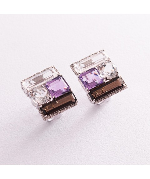 Gold earrings (diamonds, rock crystal, amethyst, smoky quartz) E23442C Onyx