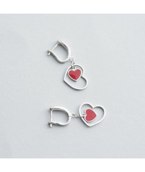 Silver earrings "Hearts" with enamel 122220 Onyx