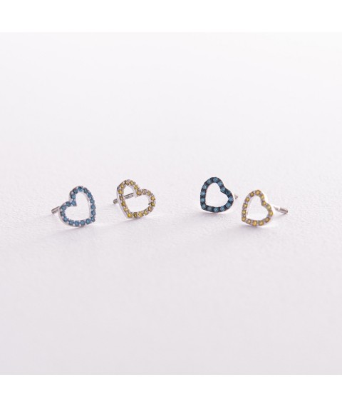 Золотые серьги - пусеты "Сердечки" с голубыми и желтыми бриллиантами 327471121 Онікс