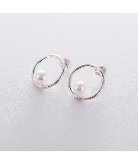 Срібні сережки-пусети "Кругообіг" з перлами 122551 Онікс