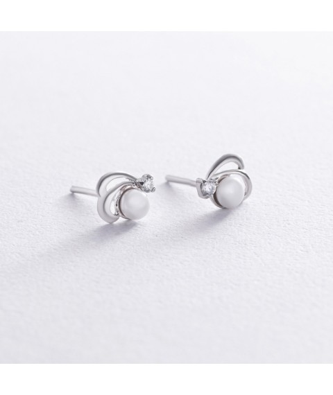 Silver stud earrings (cult. unleavened pearls, cubic zirconia) 12645 Onyx