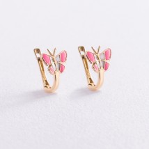 Children's gold earrings "Butterflies" (enamel) s03223 Onyx