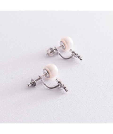 Silver earrings - studs 2 in 1 (pearls, cubic zirconia) 2460/1р-PWT Onix