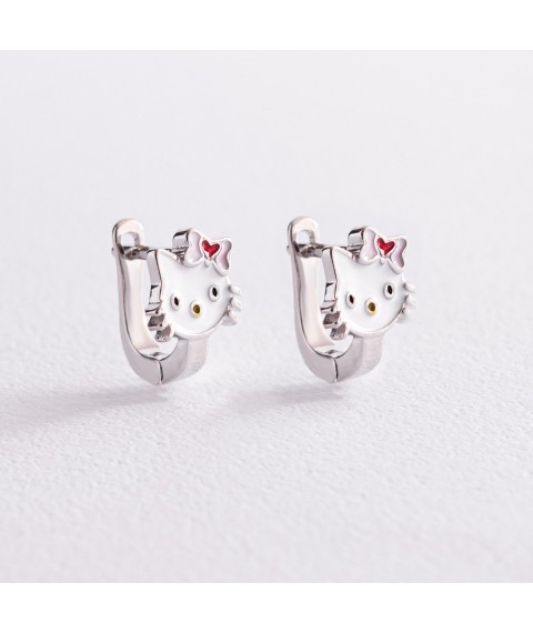 Детские серебряные серьги "Hello Kitty" (эмаль) 123070 Онікс