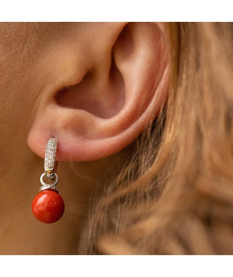 Gold earrings "Balls" with coral and diamonds sb0476ca Onyx