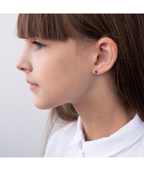 Silver earrings - studs "Love" with enamel 123137 Onyx