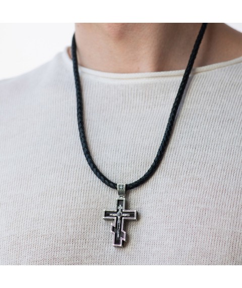 Men's Orthodox cross "Rozp'yattya. Save and Preserve" (in Ukrainian) made of ebony and silver 1329 Onyx