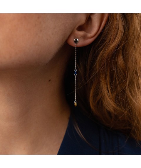 Dangling gold earrings - studs "Ukrainian" (blue and yellow cubic zirconia) s08101 Onyx