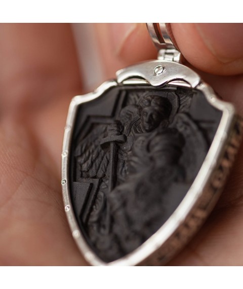 Silver pendant "Coat of arms of Ukraine - Trident. Angel Okhoronets. Glory to Ukraine - Glory to the Heroes" with ebony 972 Onyx
