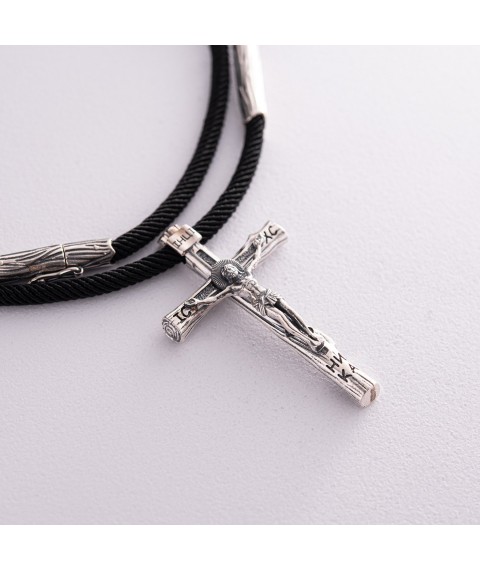 Православный серебряный крест "Распятие. Спаси и Сохрани" на шнурке 848 Онікс  55